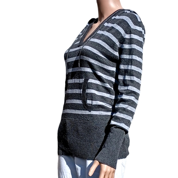 Deb Vneck Women Stretchy Hooded Sweatshirt Gray and White Stripes M - Picture 4 of 13